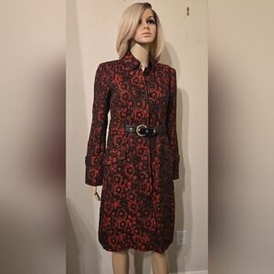 Etcetera Red and Black Floral Vintage Trench Coat Size 2. Mid Length.